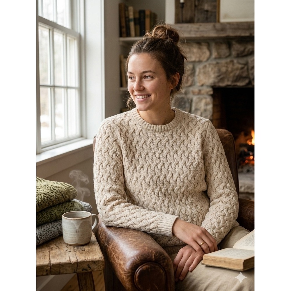 Jeanne Pierre Coastal Cream Cable Knit Cotton Sweater Medium Crew Neck Pullover